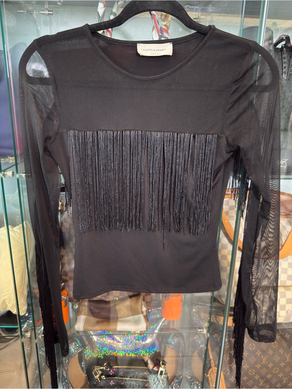 Saints & Hearts Black Long Sleeve Fringe Mesh Top ST3938A Small